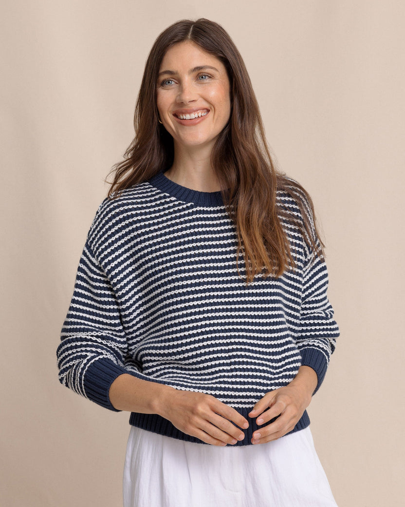 MAGGI STRIPE OPEN STITCH SWEATER - DRESS BLUE