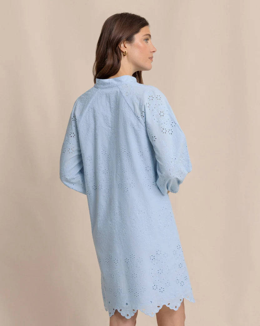 MANDY EMBROIDERED BUBBLE SLEEVE DRESS - CERULEAN