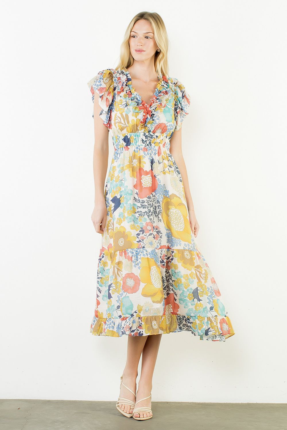 FLUTTER SLEEVE FLORAL PATTERN TIERED DRESS - CORAL