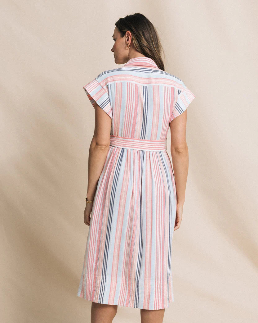 TINLEY STRIPED BELTED MIDI SHIRTDRESS - PEACHES N' CREAM