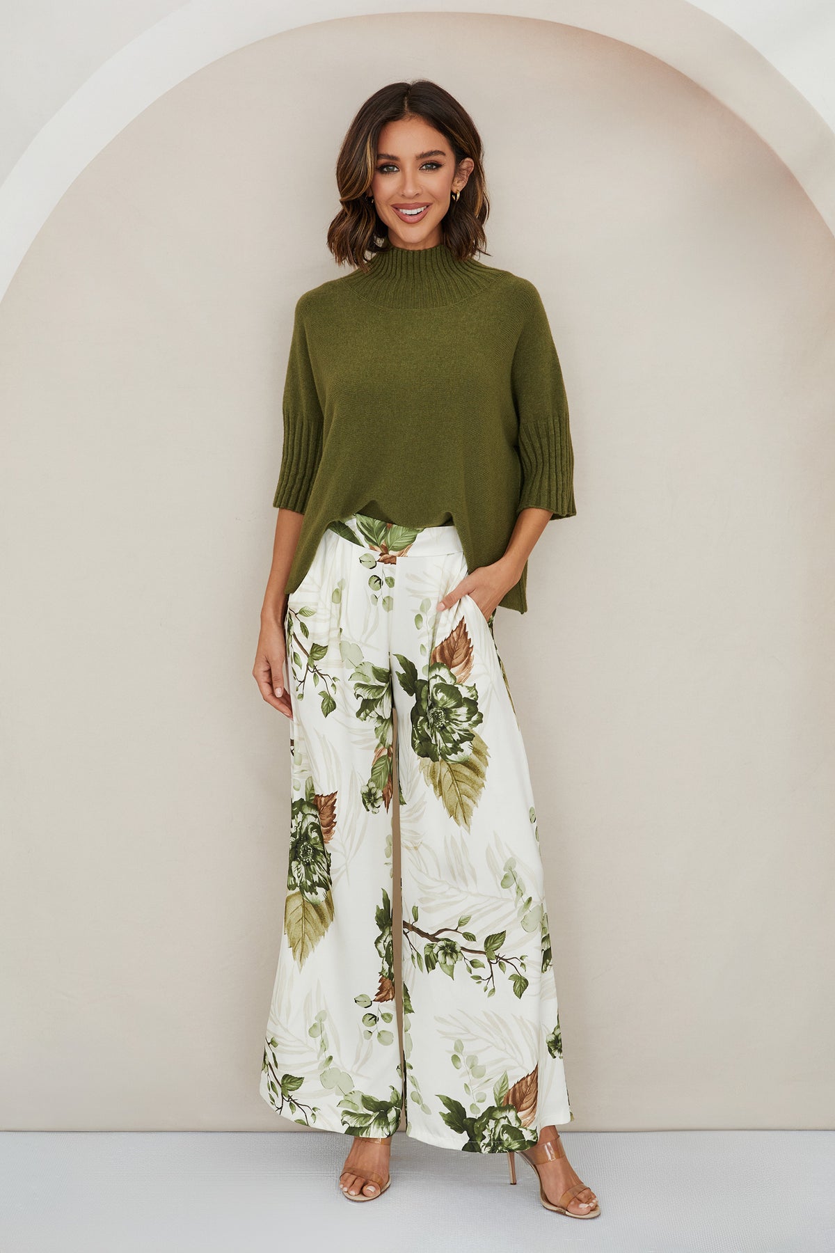 CHATEAU GARDEN FLORAL PRINT ELASTIC WAISTBAND PANTS WITH POCKETS - GREEN