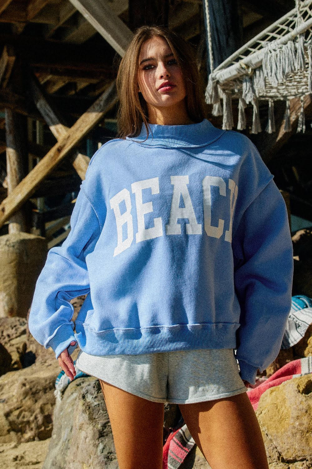 BEACH/LAKE PRINT REVERSIBLE MOCK-NECK SWEATSHIRT - BLUE