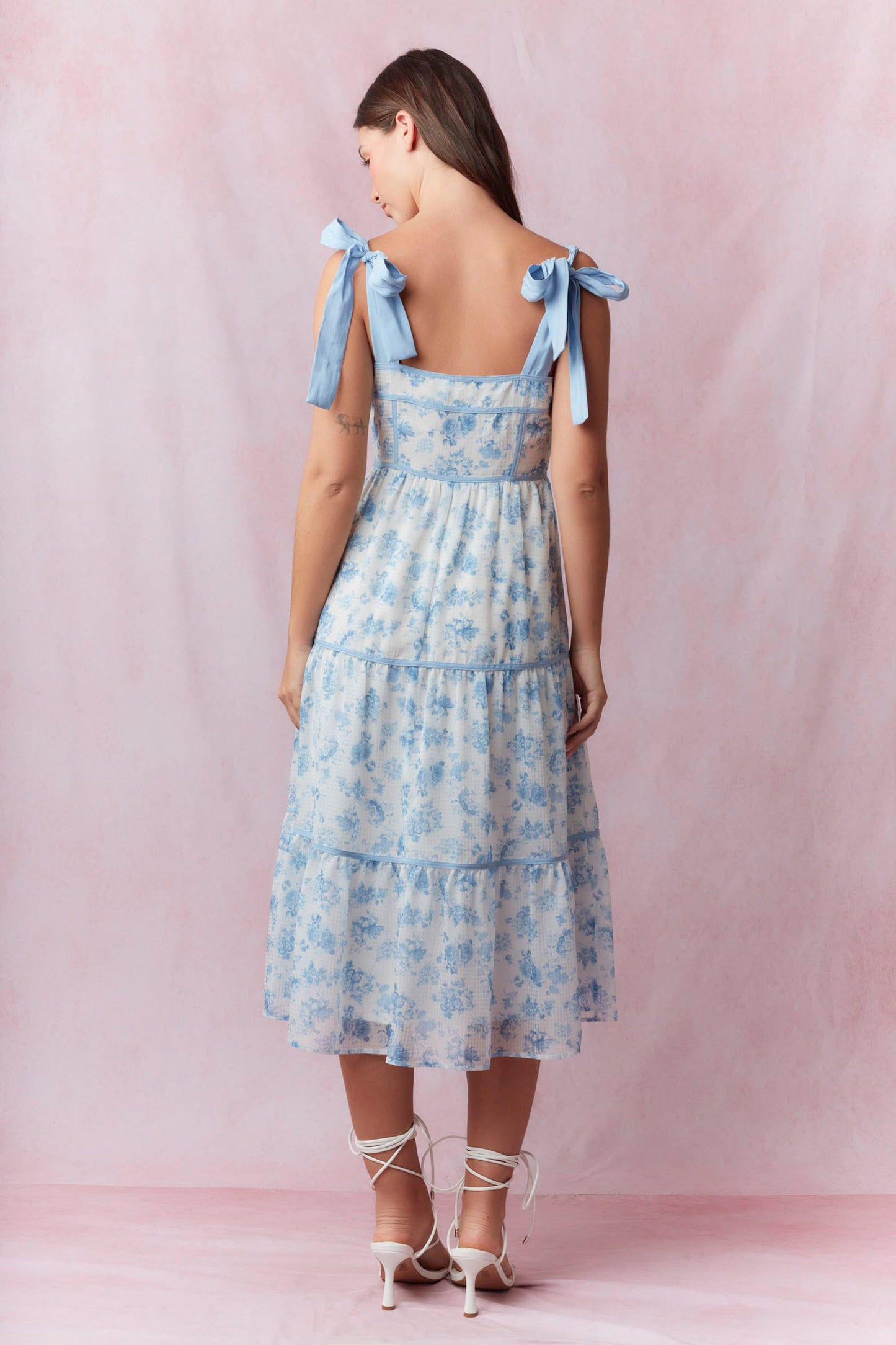 GIRLS CONTRAST SHOULDER TIE FLORAL PRINTED MAXI DRESS - LIGHT BLUE