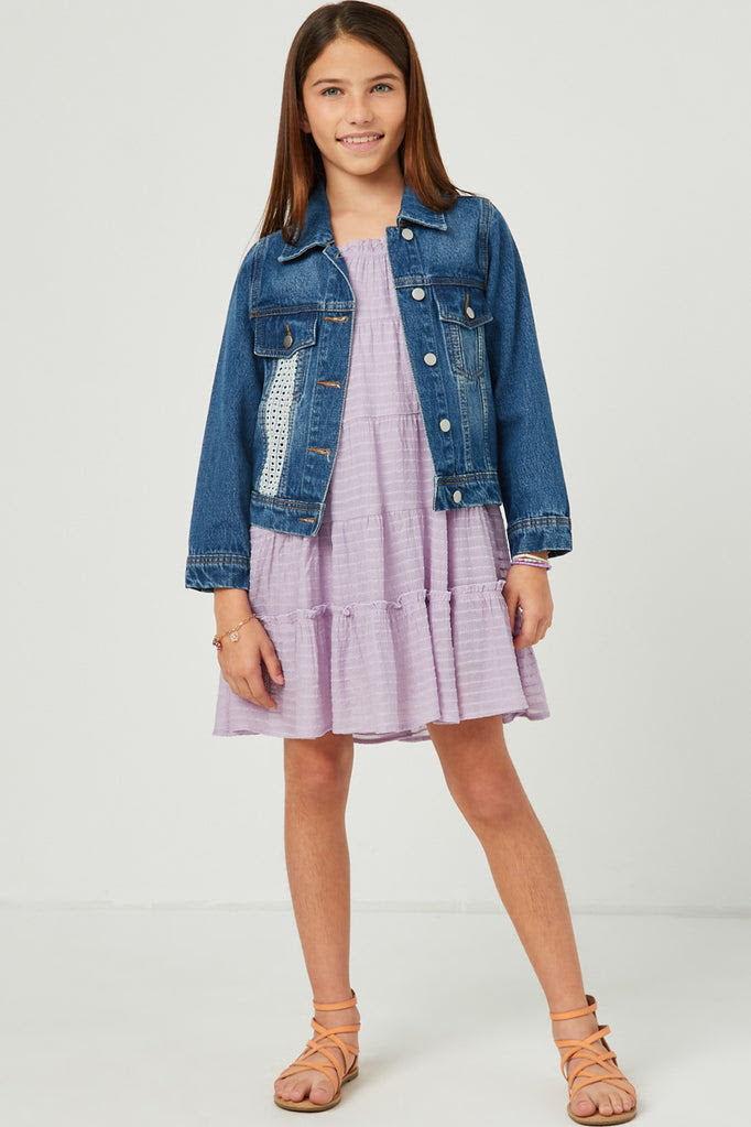 GIRLS TEXTURED STRIPE TIERED HALTER MINI DRESS - LAVENDER