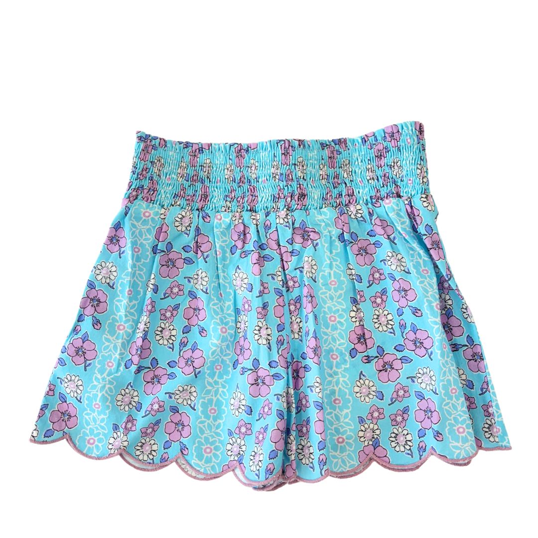 SHIRRED SCALLOP SHORTS - MARGUERITE FLORAL AQUA