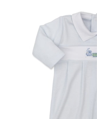 FOOTIE W/ HAND EMBROIDERED TRAIN - LIGHT BLUE