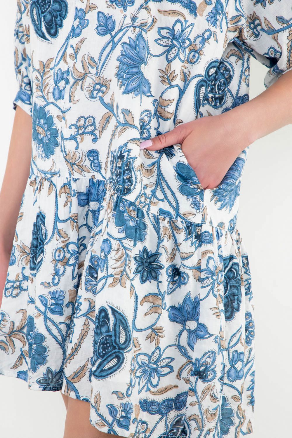 MID SLEEVE FLORAL PRINT DRESS - BLUE