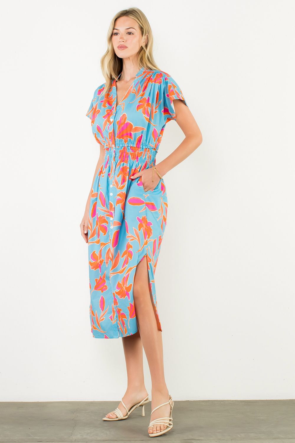 SMOCKED WAIST BUTTON DOWN FLORAL DRESS - LIGHT BLUE