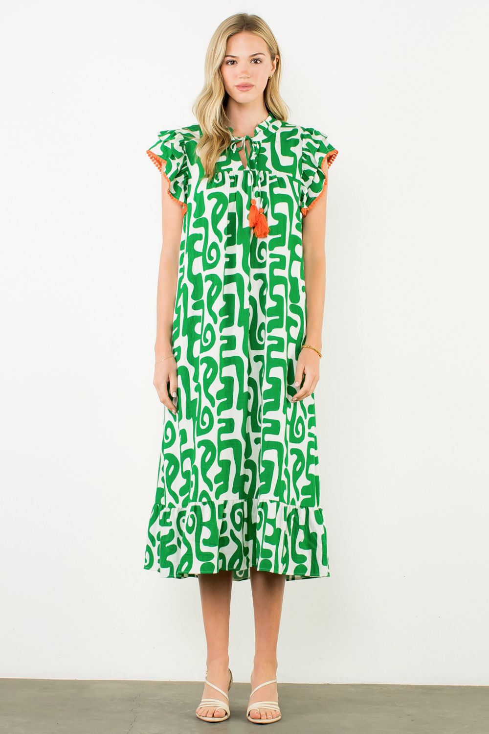 TASSEL TIE FLUTTER SLEEVE MAXI DRESS - GREEN