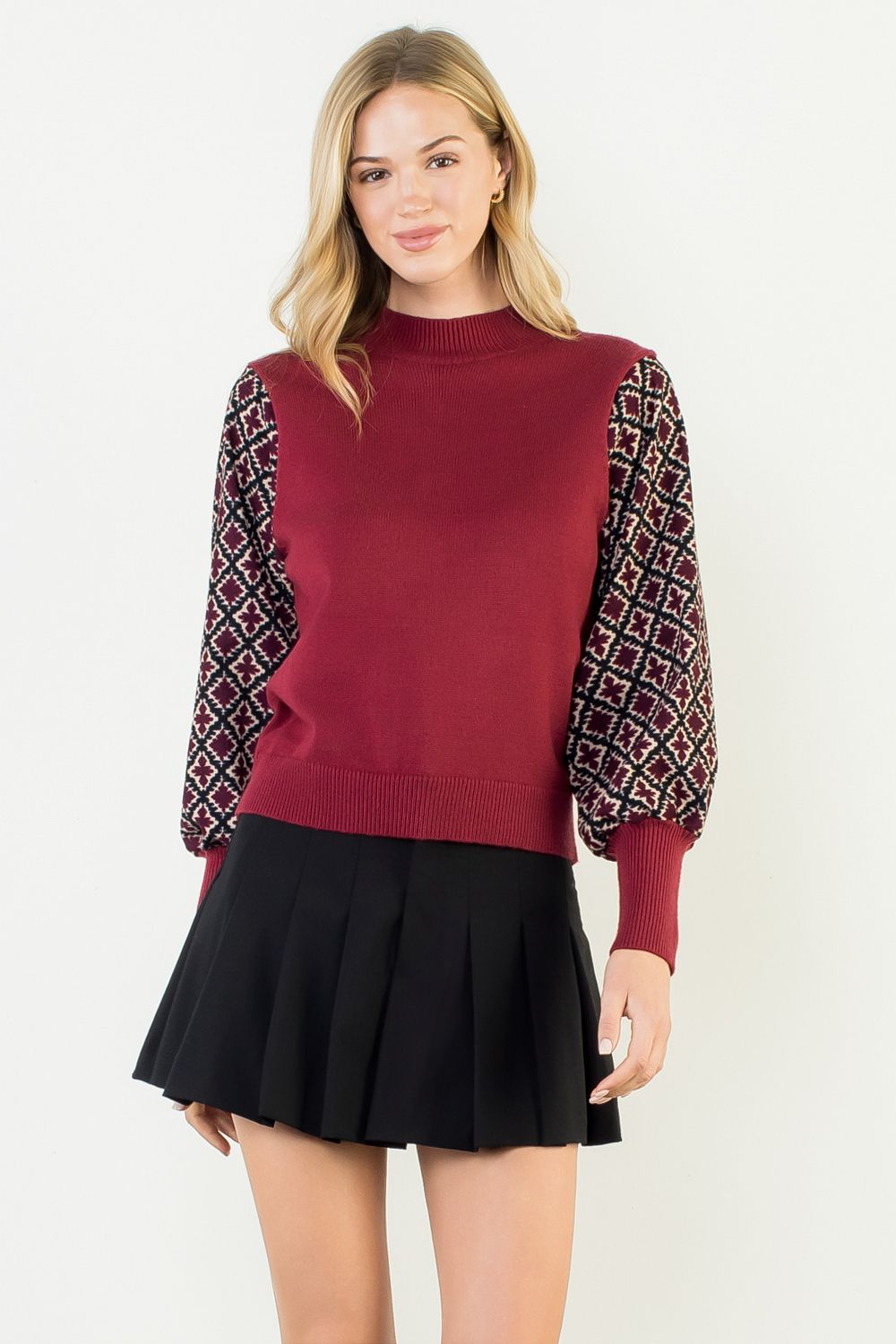 MIX MEDIA KNIT TOP - BURGUNDY