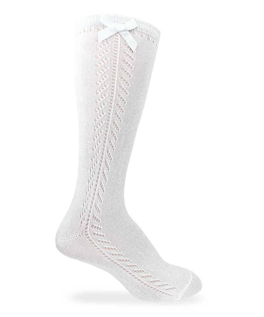 JEFFERIES SOCKS POINTELLE BOW KNEE HIGH SOCKS - WHITE