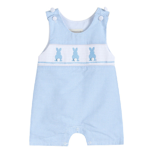 BLUE GINGHAM EASTER BUNNY SMOCKED SHORTALLS