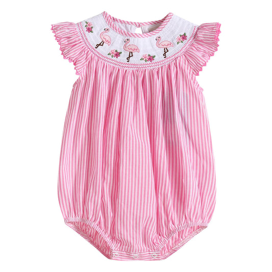 PINK STRIPED FLAMINGO SMOCKED FLUTTER ROMPER