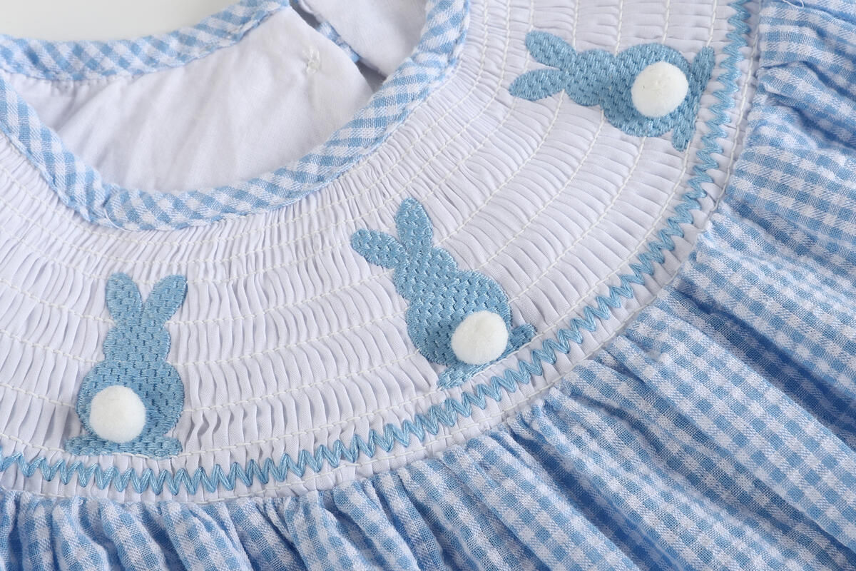 BLUE GINGHAM EASTER BUNNY SMOCKED BISHOP DRESS