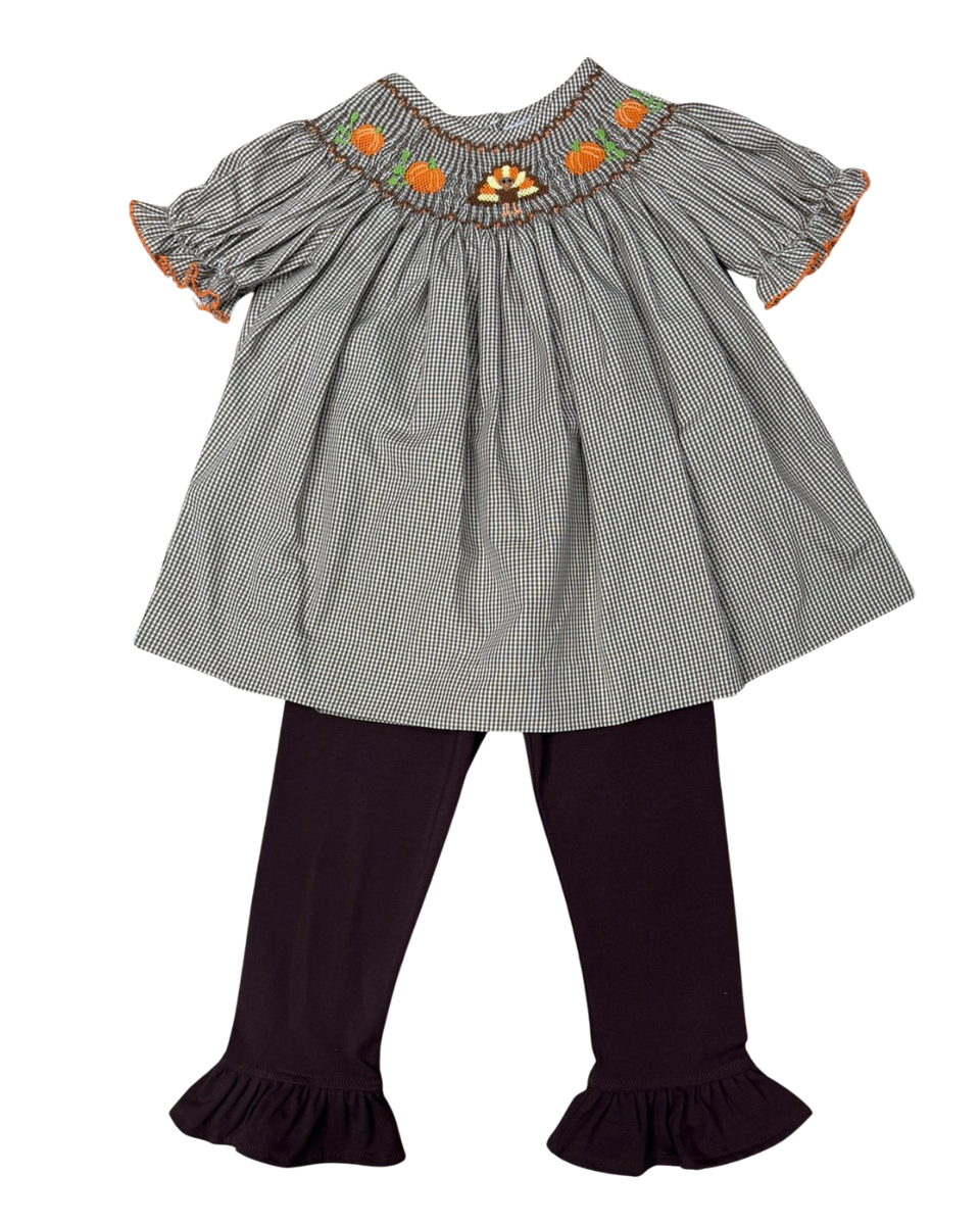 BROWN CHECK SMOCKED TURKEY/PUMPKIN BISHOP PANT SET