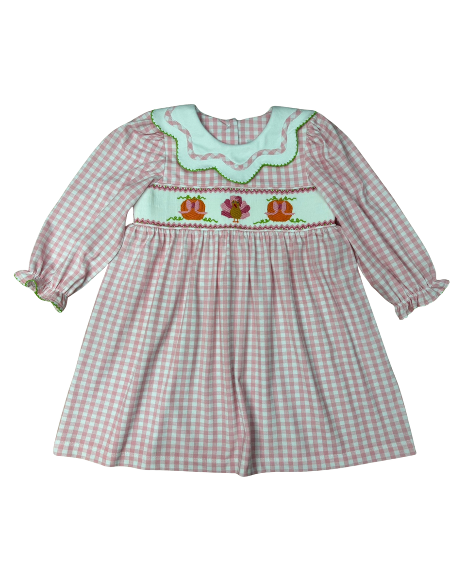 LS PINK CHECK SMOCKED TURKEY DRESS