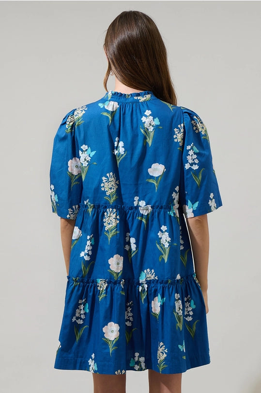 FLORAL DIXIE SPLIT NECK SHIFT DRESS - BLUE