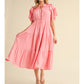 FRILLED TIE NECK MIDI DRESS - PINK