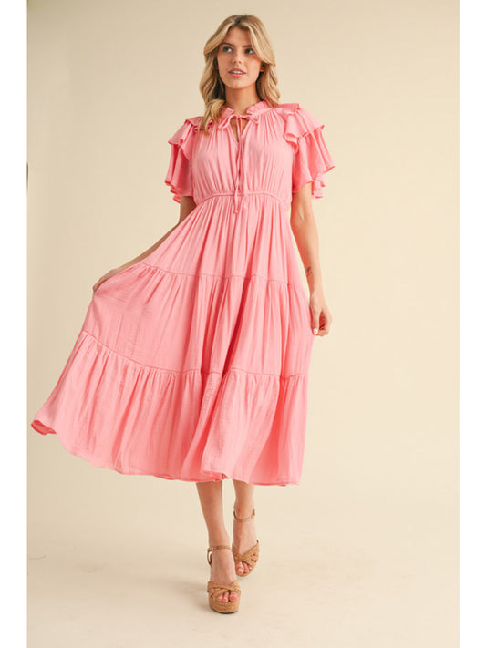 FRILLED TIE NECK MIDI DRESS - PINK