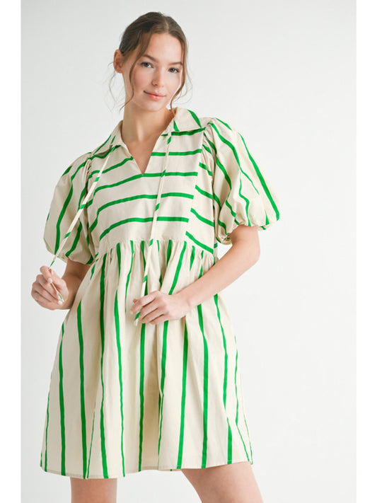 BABY DOLL MINI DRESS - GREEN STRIPE