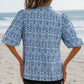 BLUE FLORAL STRIPED PRINT CONTRAST RIC-RAC PUFF SLEEVE TOP - BLUE