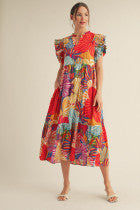 RUFFLED CAP SLEEVE TROPICAL FLORAL MIDI DRESS - MULTI