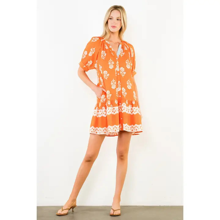 SHORT SLEEVE BUTTON UP FLORAL PATTERN DRESS - ORANGE