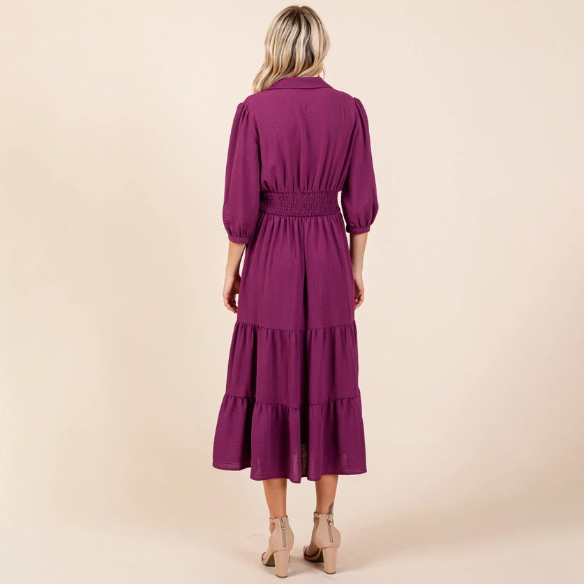 COLLARED V NECK SMOCKED WAIST DRESS - PURPLE