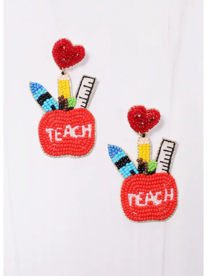 SCHOOL SUPPLIES BEADED EARRINGS - RED