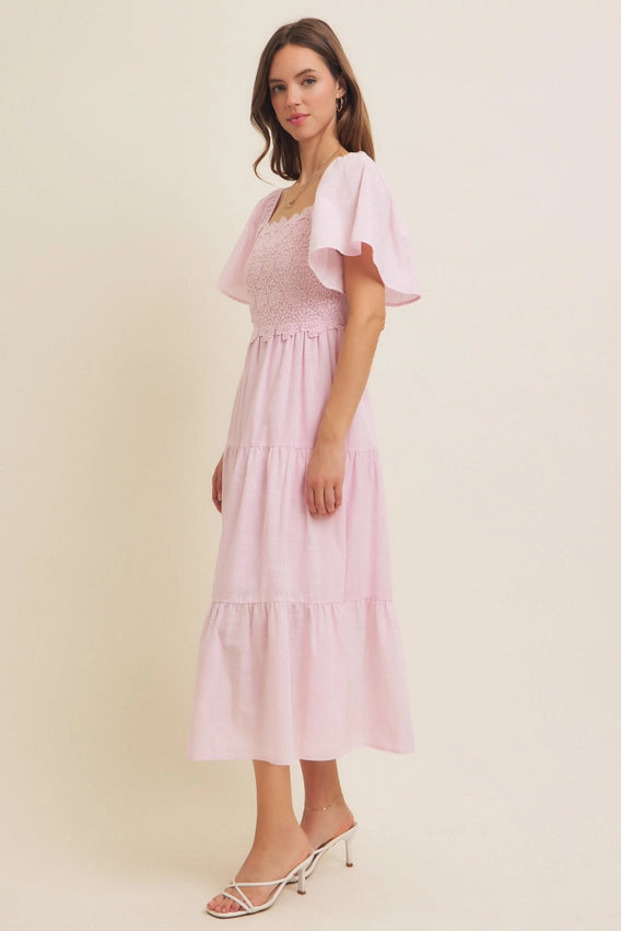 TIERED FLORAL MIDI DRESS - BALLERINA PINK
