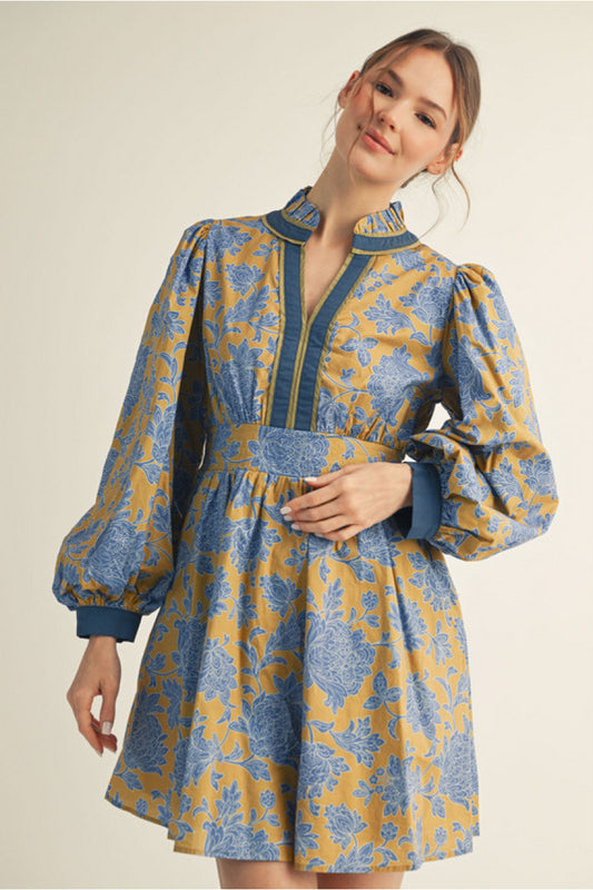 LONG BALLOON SLEEVES FLORAL DRESS WITH RUFFLED NECKLINE - KIWI