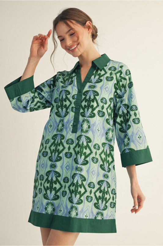 3/4 BOHO QUATER SLEEVE BOHO DRESS - GREEN