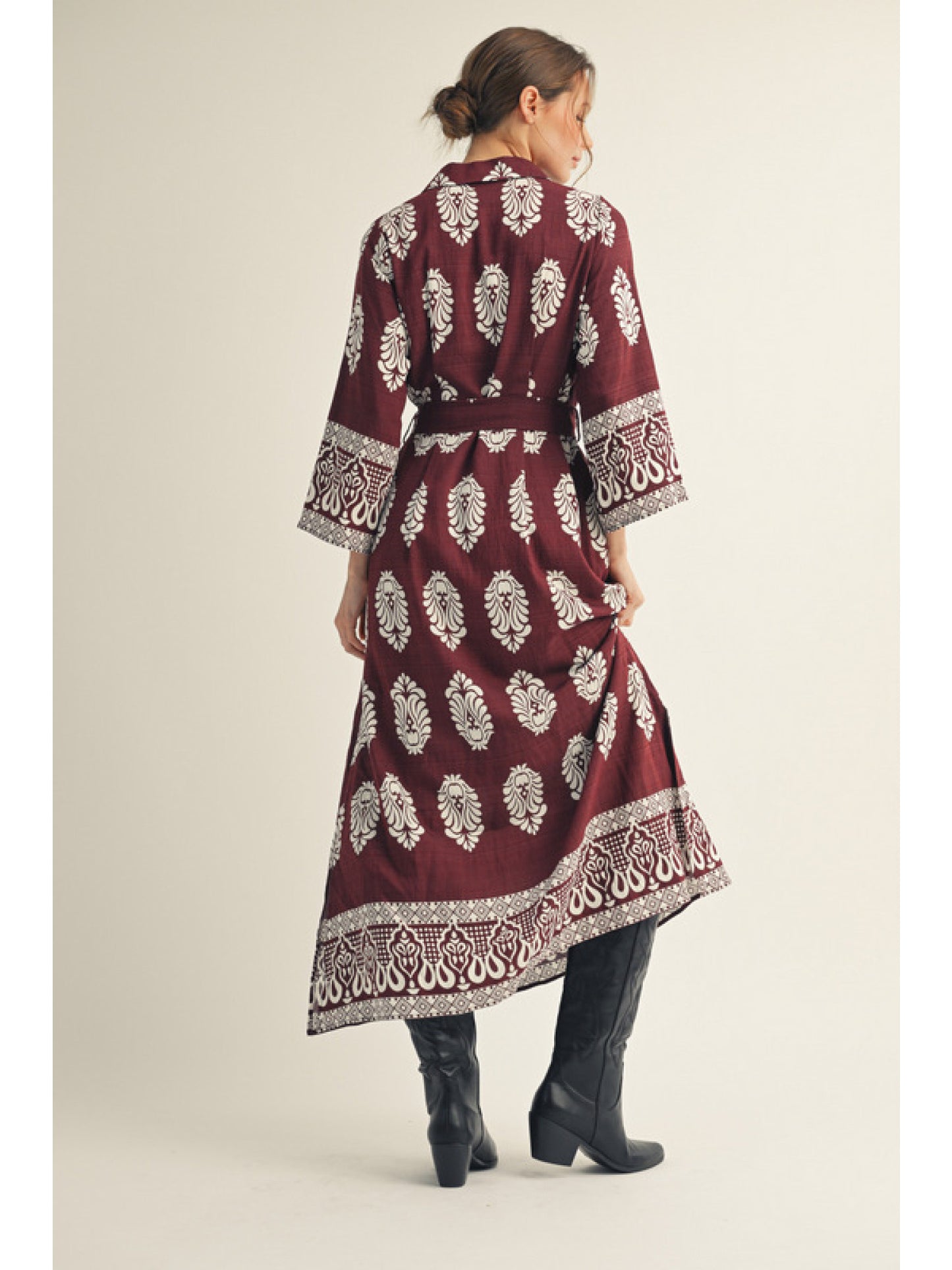 WAIST TIE MIDI DRESS - BURGUNDY