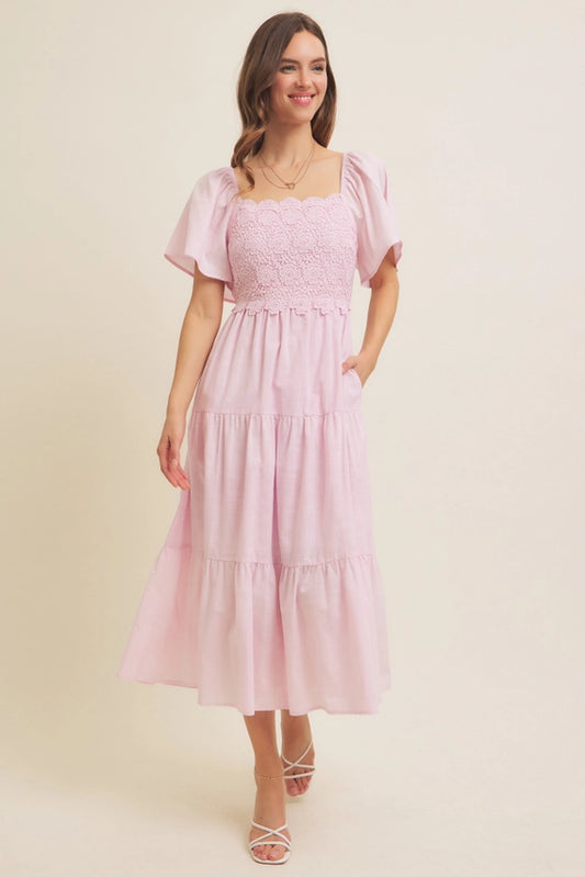 TIERED FLORAL MIDI DRESS - BALLERINA PINK