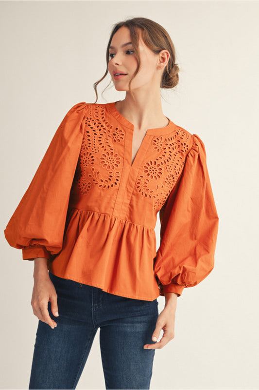 PUFF SLEEVE PEPLUM TOP - CAMEL