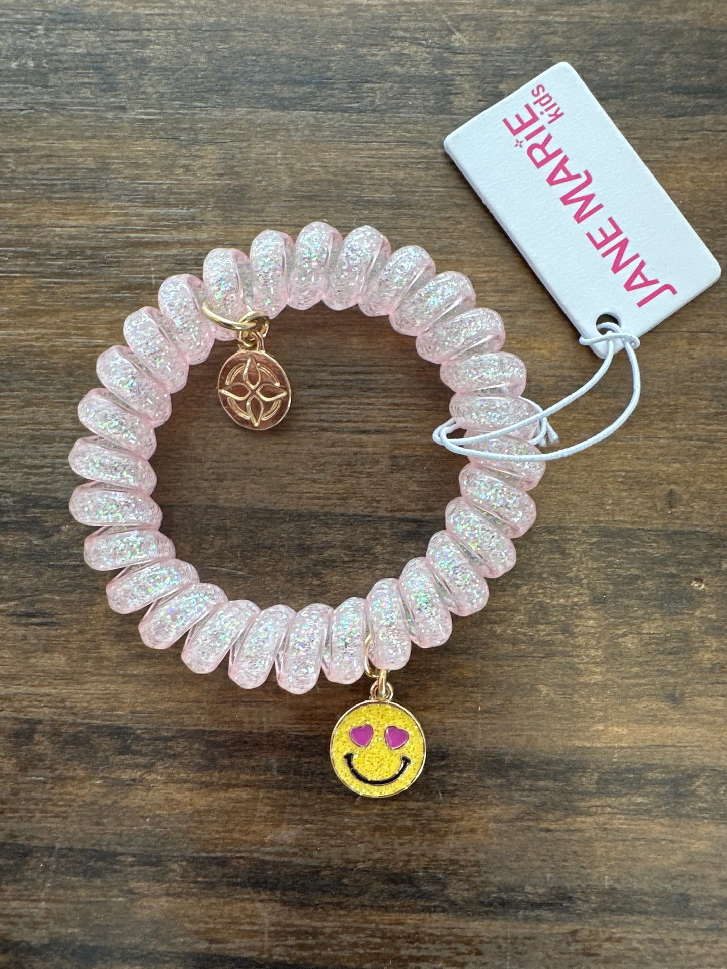 KIDS LIGHT PINK GLITTER SPIRAL BAND WITH HEART EYES FACE BRACELET