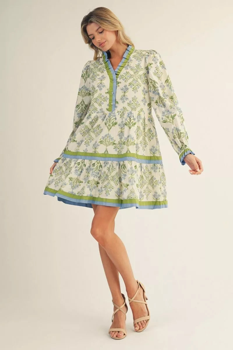LONG SLEEVE BUTTON DOWN FLORAL TIERED DRESS - BLUE