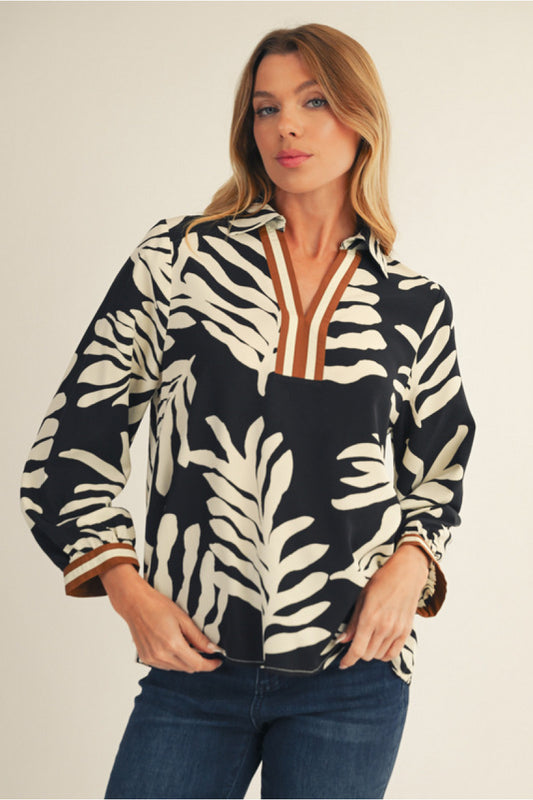 LEAF PRINT TOP WITH PLEATED DETAIL - BLACK