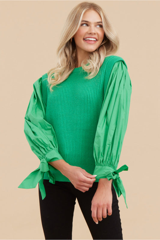 BALLOON SLEEVE RIBBON TIE TOP - EMERALD