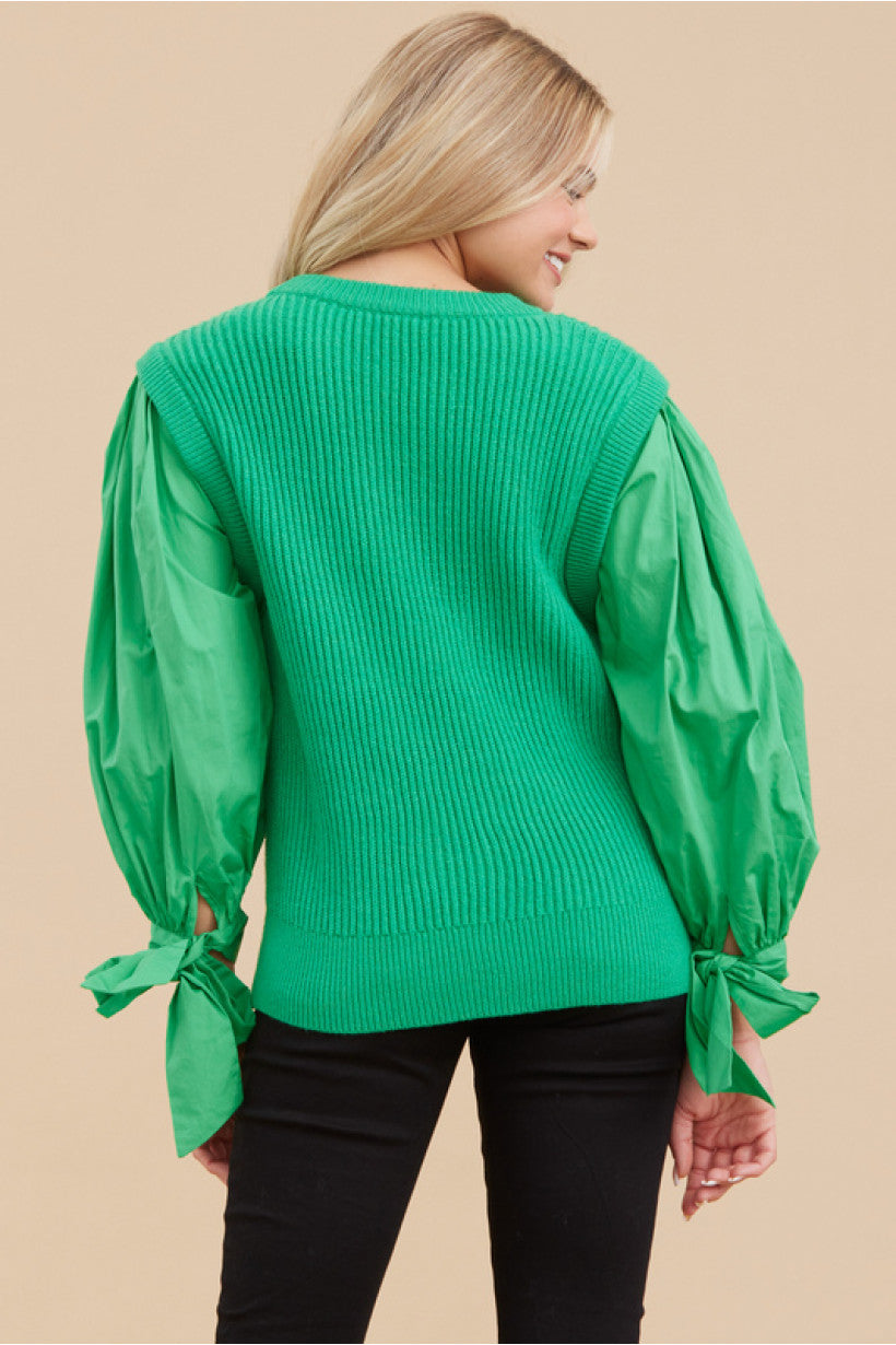 BALLOON SLEEVE RIBBON TIE TOP - EMERALD