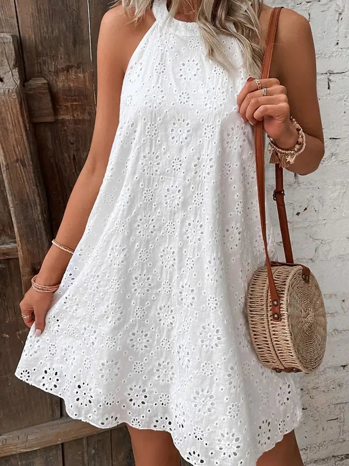 BOHO EYELET HALTER NECK DRESS - WHITE