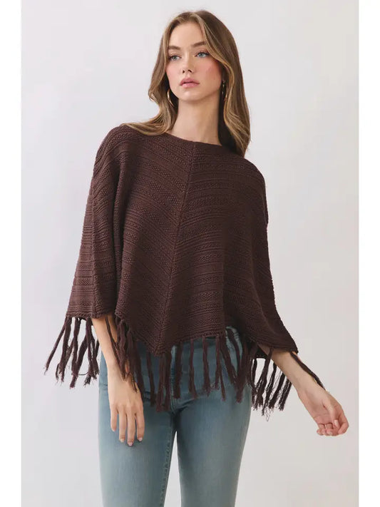 FRINGE HEM BOAT NECKLINE KNIT PONCHO - CHOCOLATE