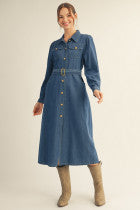 LS BUTTON DOWN DENIM MIDI DRESS WITH WAIST BELT