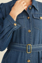 LS BUTTON DOWN DENIM MIDI DRESS WITH WAIST BELT