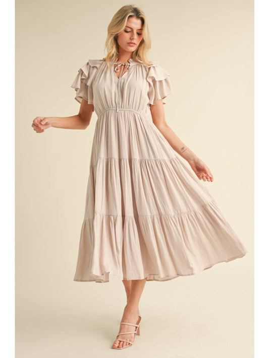 FRILLED TIE NECK MIDI DRESS - CHAMPAGNE