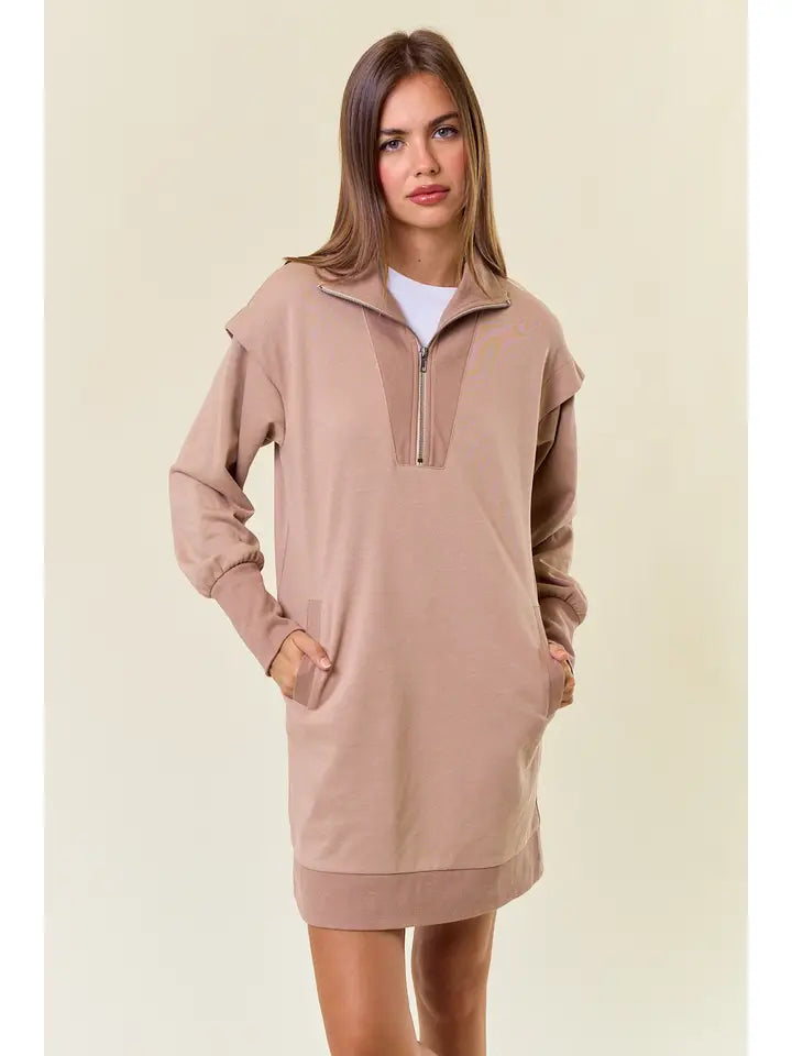FRENCH HALF ZIP SWEATSHIRT DRESS - LATTE