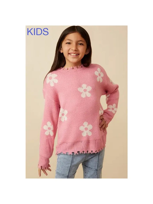 DISTRESSED FLORAL PATTERNED PULLOVER - PINK
