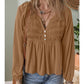 BROWN SMOCKED BUTTON V NECK FLOWY FALL BLOUSE