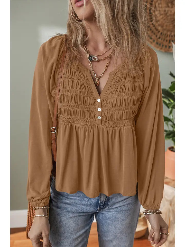 BROWN SMOCKED BUTTON V NECK FLOWY FALL BLOUSE