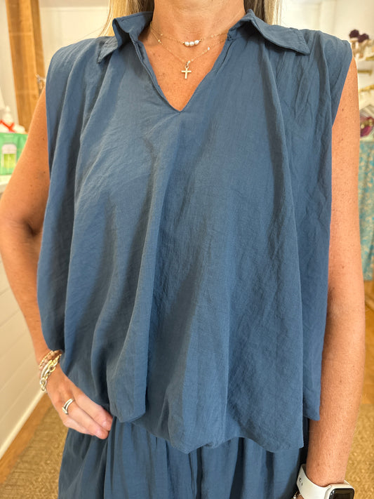 SLEEVELESS COLLAR COTTON BUBBLE TOP - NAVY BLUE